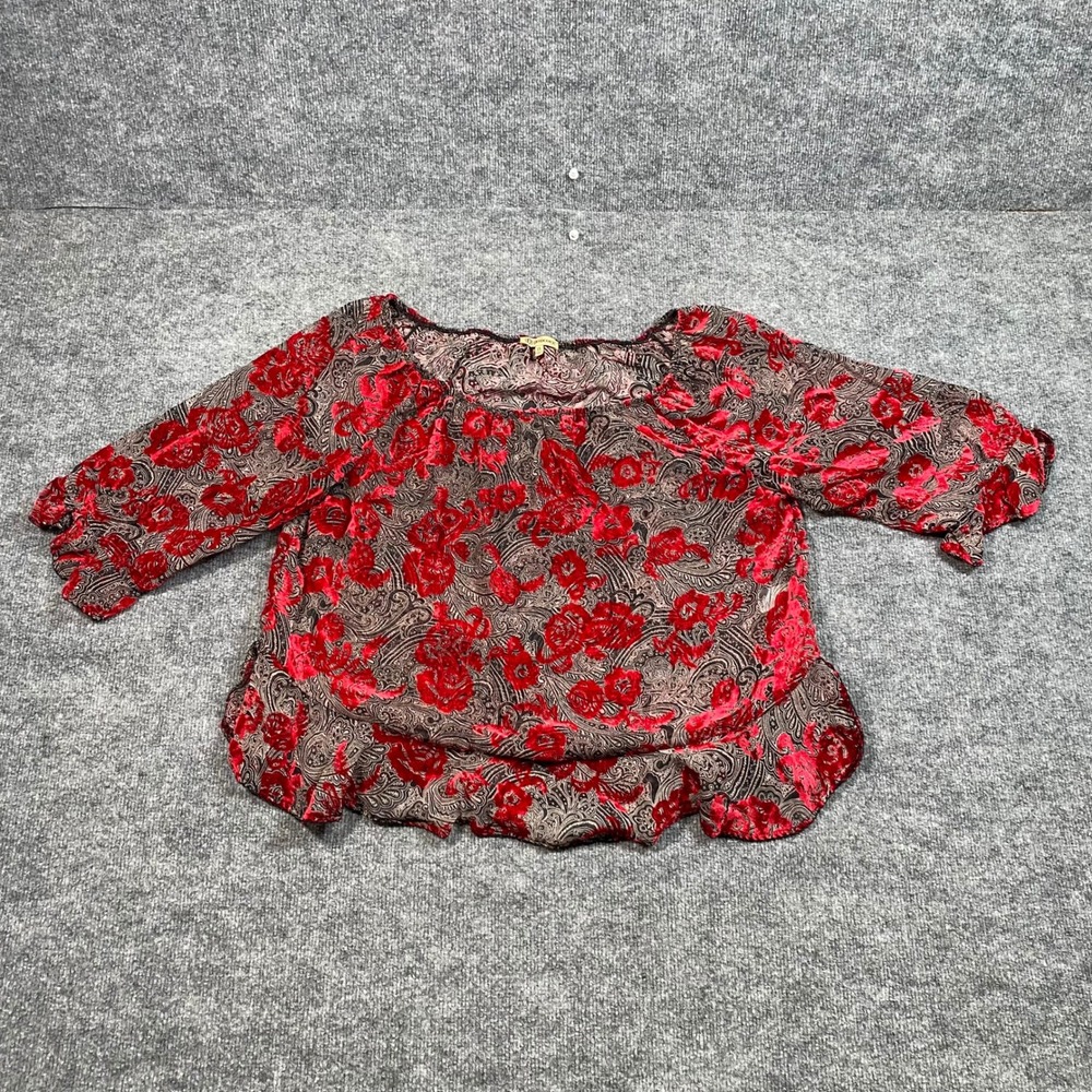 Democracy Womens 1X Red Burnout Velvet Floral Paisley Peplum Blouse 3/4 Sleeve
